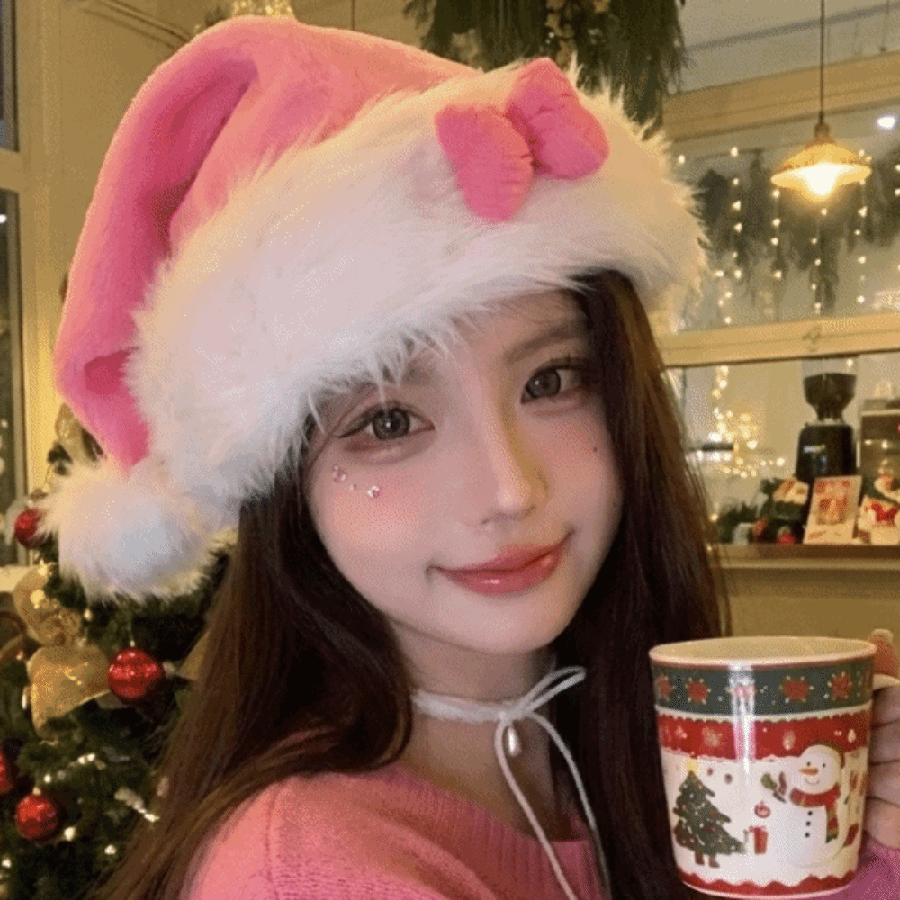 Santa Hat Plush - 세련된 별무늬 핑크 리본 산타 모자,