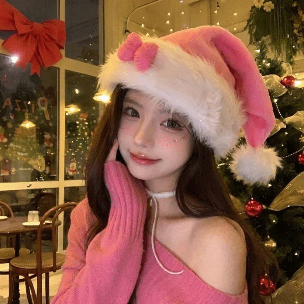 세련된 별무늬 핑크 리본 산타 모자, 부드럽고 푹신한  - Santa Hat Plush 리뷰 및 가격